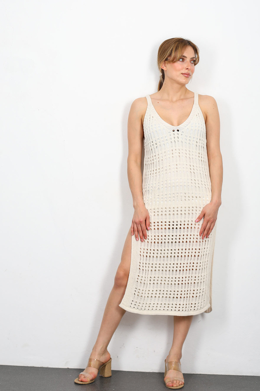 Berox - İç Astarlı Yırtmaç Model Delikli Krem Kadın Elbise (1)