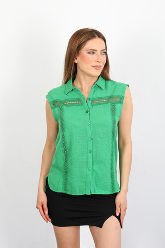 Berox - İşlemeli Kolsuz Yeşil Kadın Keten Gömlek (1)