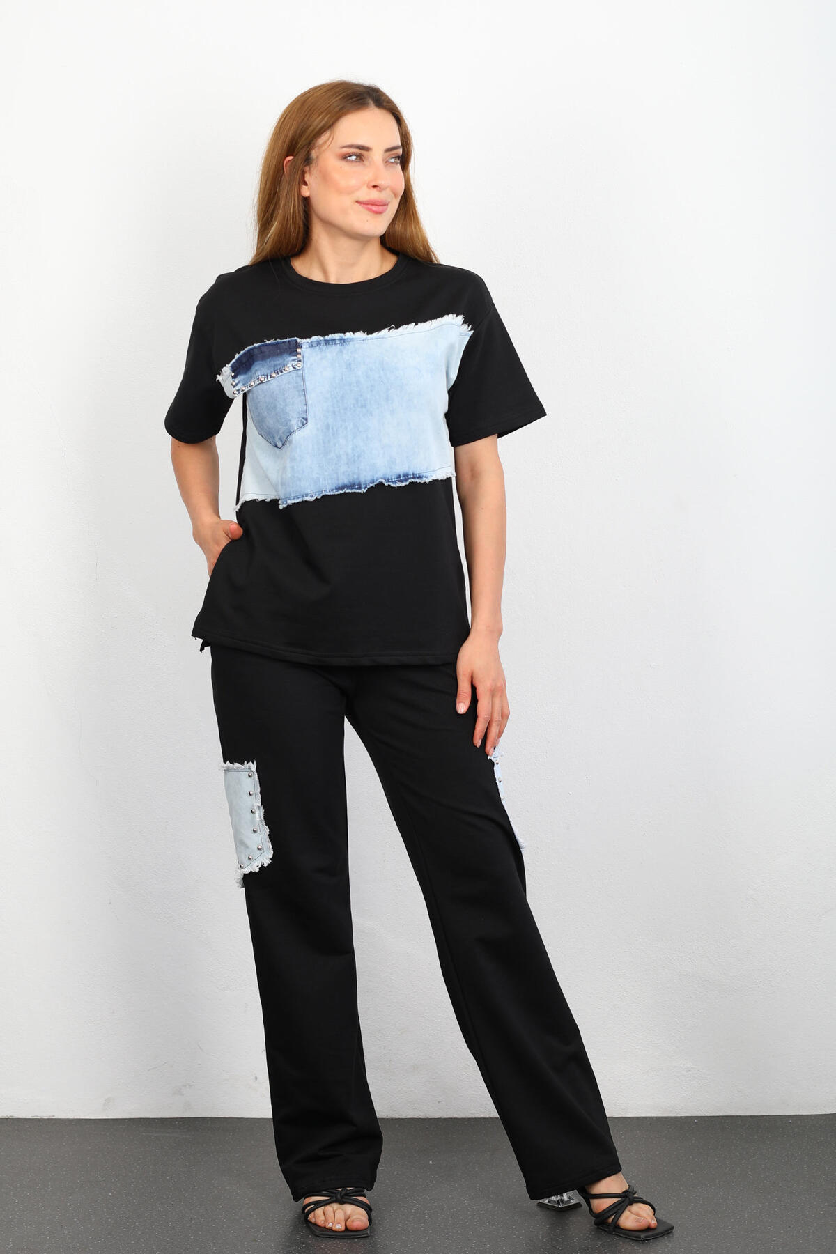 Berox - Jean Parçalı Yan Yırtmaçlı Bol Paça Siyah Kadın T-shirt-Pantolon Takım