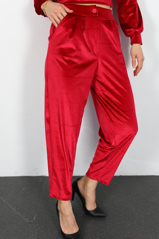 Berox - Jogger Kadın Kırmızı Kadife Pantolon (1)