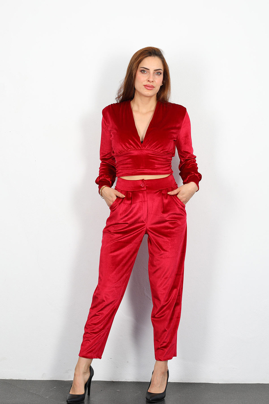 Berox - Jogger Kadın Kırmızı Kadife Pantolon