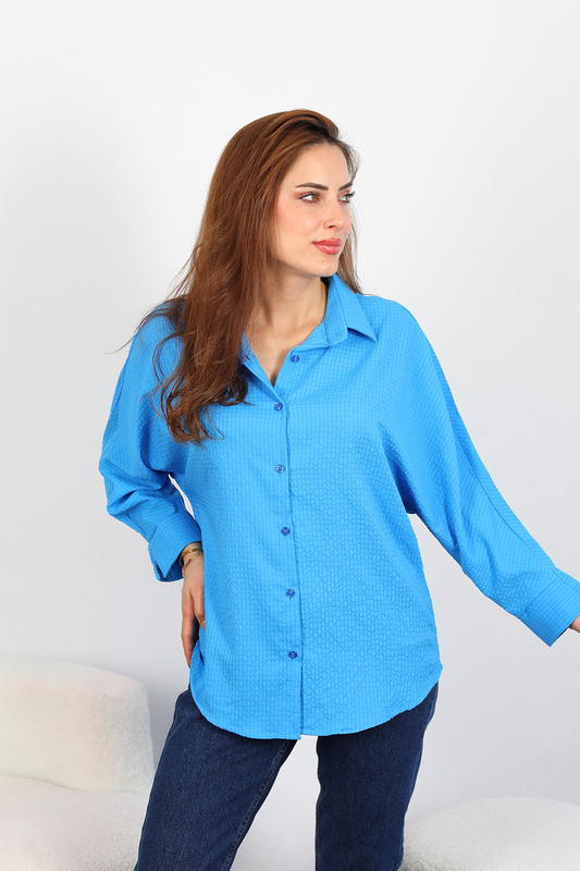Berox - Kabartmalı Oversize Kesim Kadın Mavi Gömlek (1)