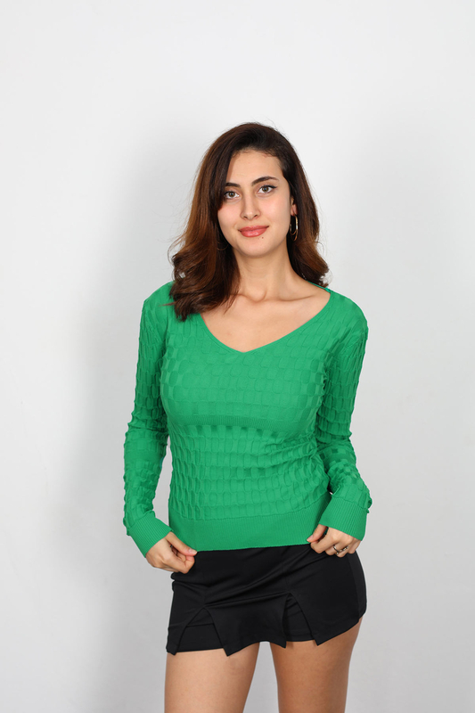 Berox - Kabartmalı V Yaka Yeşil Kadın Triko Bluz