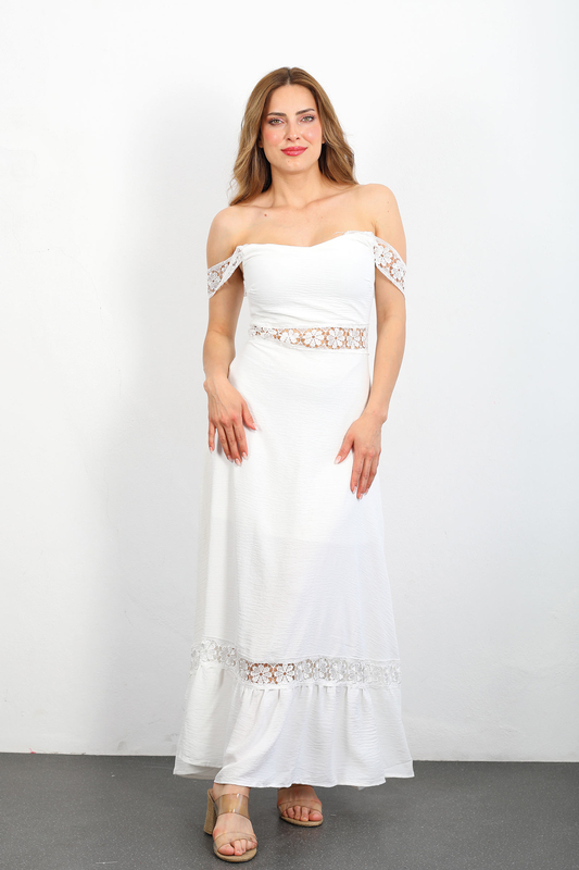Berox - Kalın Askı İşleme Geçişli Beyaz Kadın Ayrobin Elbise