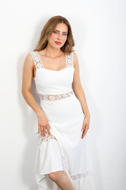 Berox - Kalın Askı İşleme Geçişli Beyaz Kadın Ayrobin Elbise (1)