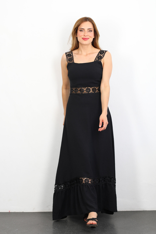 Berox - Kalın Askı İşleme Geçişli Siyah Kadın Ayrobin Elbise