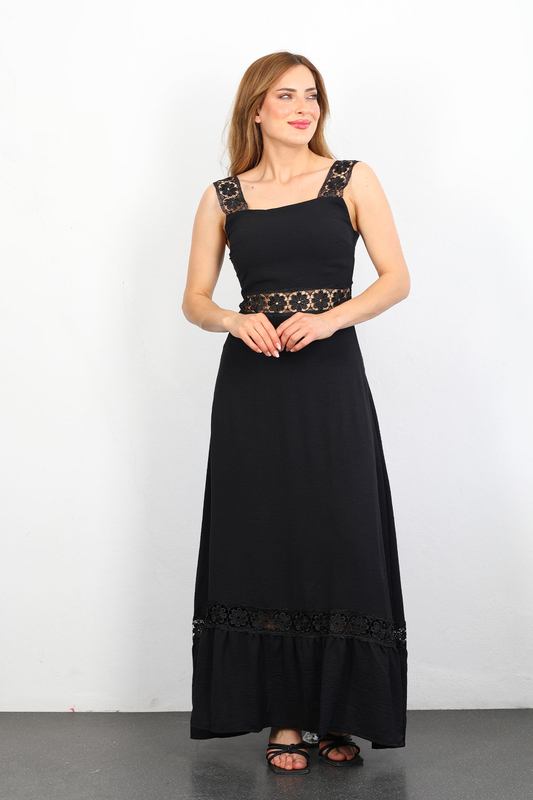 Berox - Kalın Askı İşleme Geçişli Siyah Kadın Ayrobin Elbise (1)