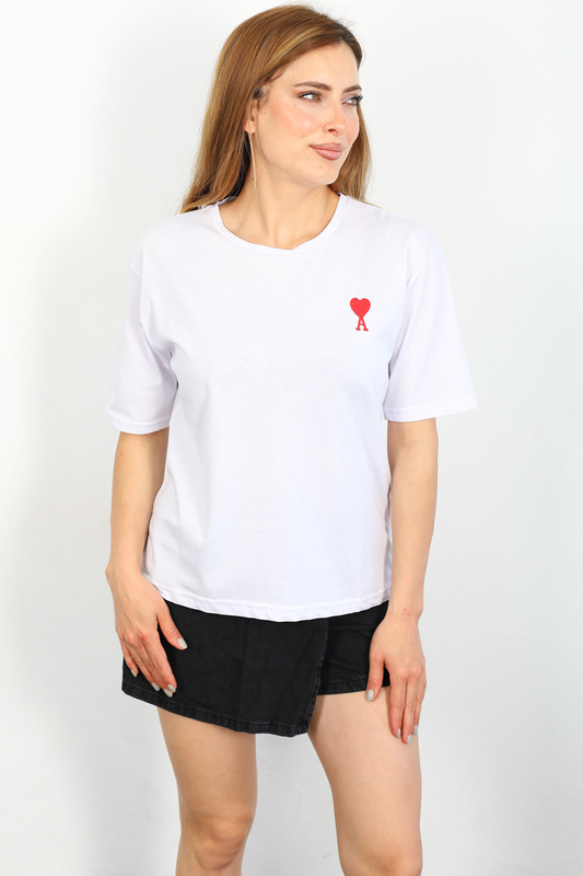 Berox - Kalp Nakışlı Beyaz Kadın Tshirt