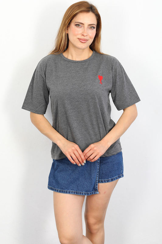 Berox - Kalp Nakışlı Antrasit Kadın Tshirt (1)