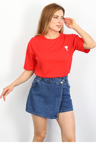 Berox - Kalp Nakışlı Kırmızı Kadın Tshirt (1)