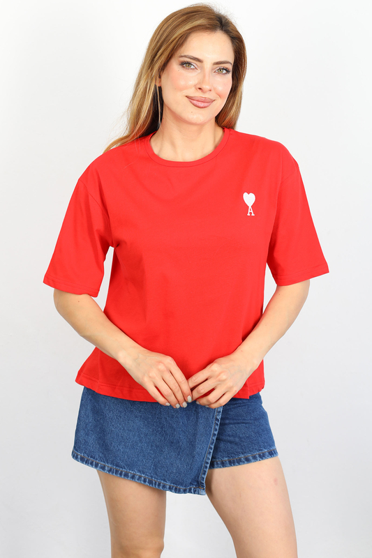 Berox - Kalp Nakışlı Kırmızı Kadın Tshirt