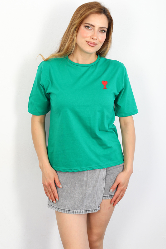 Berox - Kalp Nakışlı Yeşil Kadın Tshirt