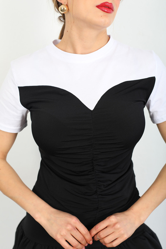 Berox - Kalp Yaka Büzgülü Kadın Siyah Parçalı T-Shirt (1)