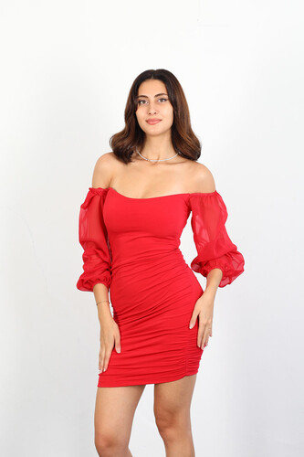 Berox - Kalp Yaka Kolları Tül Kadın Kırmızı Büzgülü Elbise