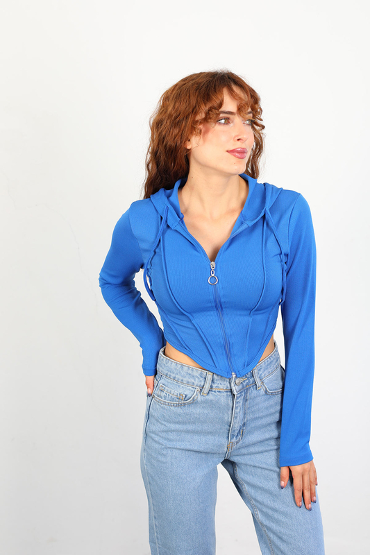 Berox - Kapüşonlu Biyeli Kadın Saks Mavisi Crop Ceket (1)