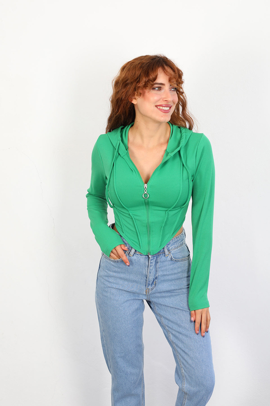 Berox - Kapüşonlu Biyeli Kadın Zümrüt Yeşili Crop Ceket