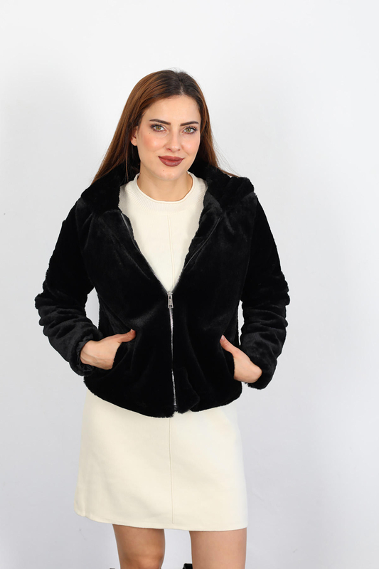 Berox - Kapüşonlu Peluş Kadın Siyah Kürk Ceket