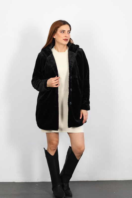Berox - Kapüşonlu Uzun Kadın Siyah Peluş Kürk Ceket (1)
