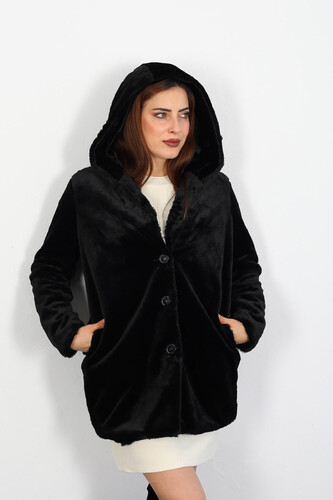 Berox - Kapüşonlu Uzun Kadın Siyah Peluş Kürk Ceket