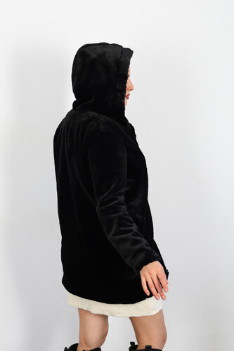 Kapüşonlu Uzun Kadın Siyah Peluş Kürk Ceket - Thumbnail