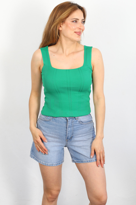 Berox - Kare Yaka Fitilli Kolsuz Yeşil Kadın Triko Bluz