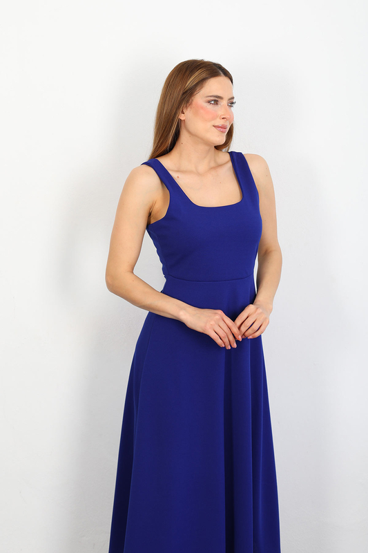 Berox - Kare Yaka Kalın Askı Kadın Saks Mavisi Atlas Elbise (1)