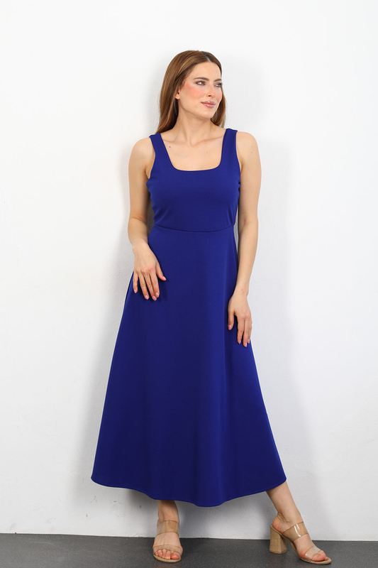 Berox - Kare Yaka Kalın Askı Kadın Saks Mavisi Atlas Elbise