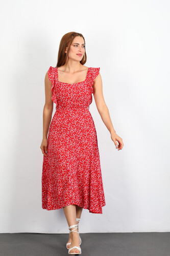 Berox - Kare Yaka Kol Fırfırlı Yaprak Desen Kırmızı Kadın Elbise
