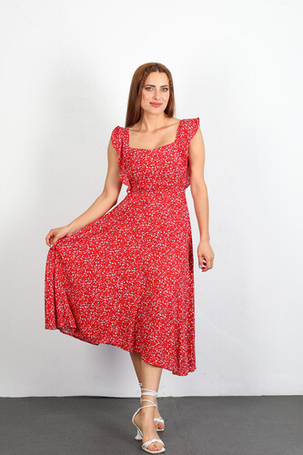 Berox - Kare Yaka Kol Fırfırlı Yaprak Desen Kırmızı Kadın Elbise (1)