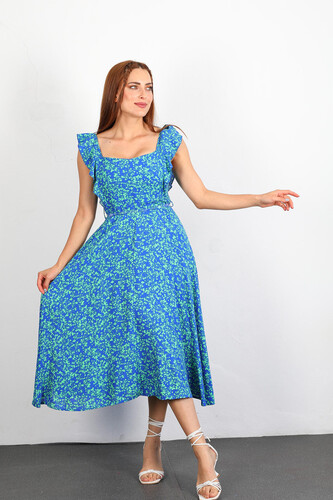 Kare Yaka Kol Fırfırlı Yaprak Desen Mavi Kadın Elbise - Thumbnail