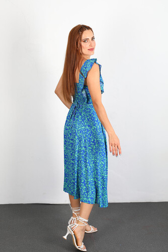 Kare Yaka Kol Fırfırlı Yaprak Desen Mavi Kadın Elbise - Thumbnail