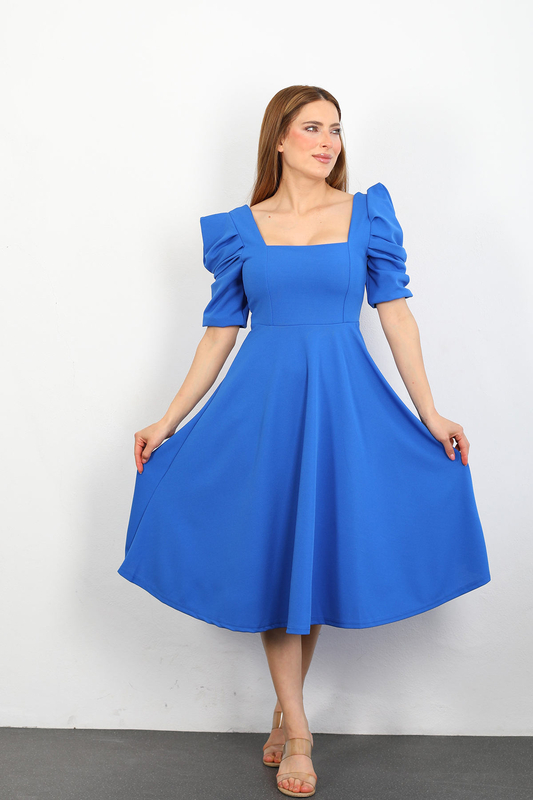 Berox - Kare Yaka Prenses Kol Mavi Kadın Kloş Elbise (1)