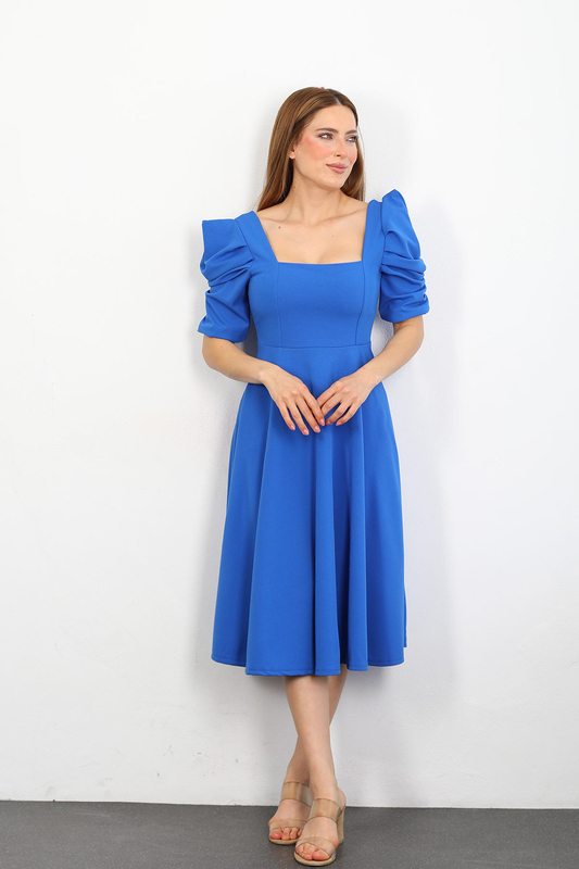 Berox - Kare Yaka Prenses Kol Mavi Kadın Kloş Elbise