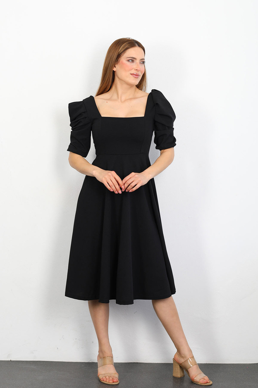 Berox - Kare Yaka Prenses Kol Siyah Kadın Kloş Elbise (1)