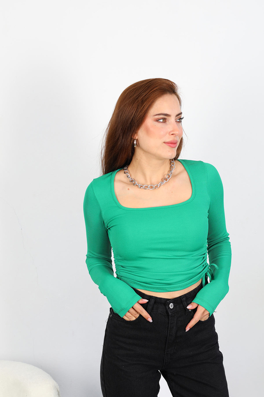 Berox - Kare Yaka Yanları Büzgülü Yeşil Kadın Kaşkorse Bluz (1)
