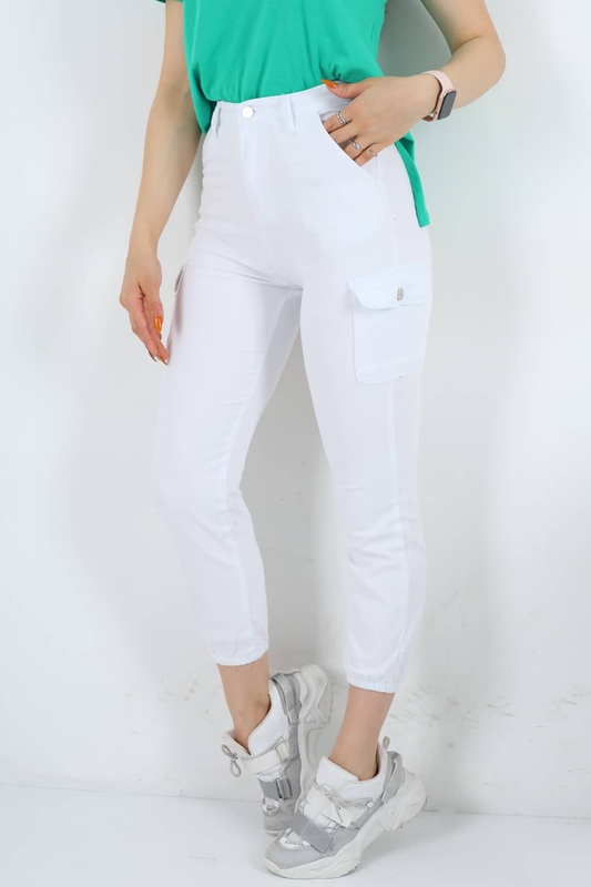 Berox - Kargo Cepli Keten Beyaz Kadın Pantolon (1)