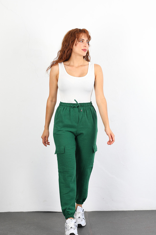 Berox - Kargo Cepli Paça Lastikli Keten Zümrüt Yeşili Kadın Pantolon