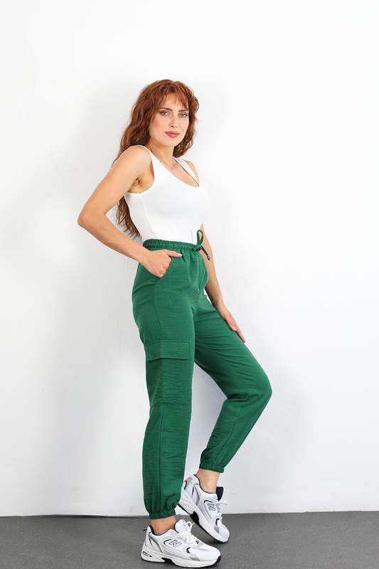 Berox - Kargo Cepli Paça Lastikli Keten Zümrüt Yeşili Kadın Pantolon (1)