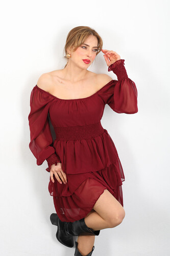 Berox - Katlı Bordo Kadın Şifon Elbise (1)