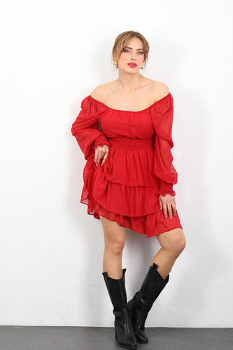Berox - Katlı Kırmızı Kadın Şifon Elbise