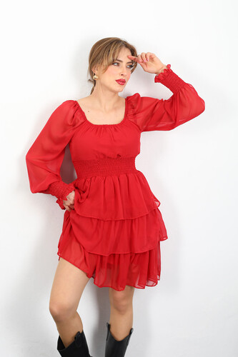 Berox - Katlı Kırmızı Kadın Şifon Elbise (1)