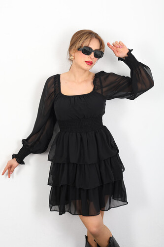 Berox - Katlı Siyah Kadın Şifon Elbise (1)
