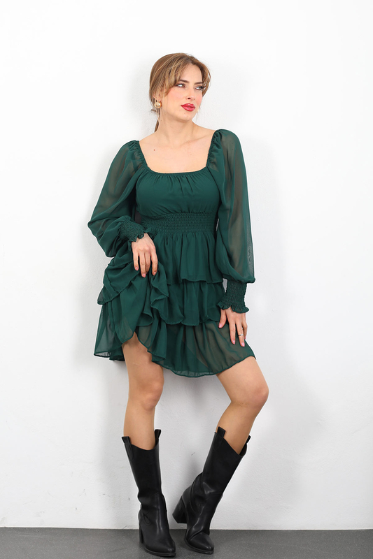 Berox - Katlı Zümrüt Yeşili Kadın Şifon Elbise