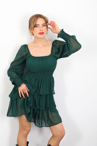 Berox - Katlı Zümrüt Yeşili Kadın Şifon Elbise (1)