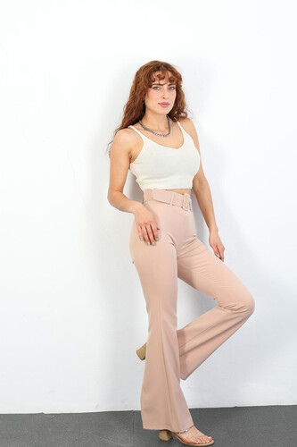 Kemerli İspanyol Paça Taş Rengi Kadın Kumaş Pantolon - Thumbnail