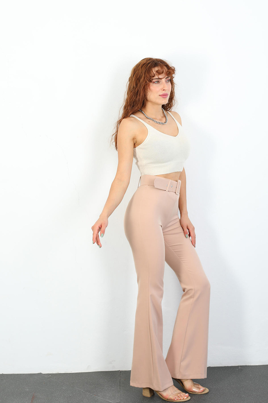 Berox - Kemerli İspanyol Paça Taş Rengi Kadın Kumaş Pantolon (1)