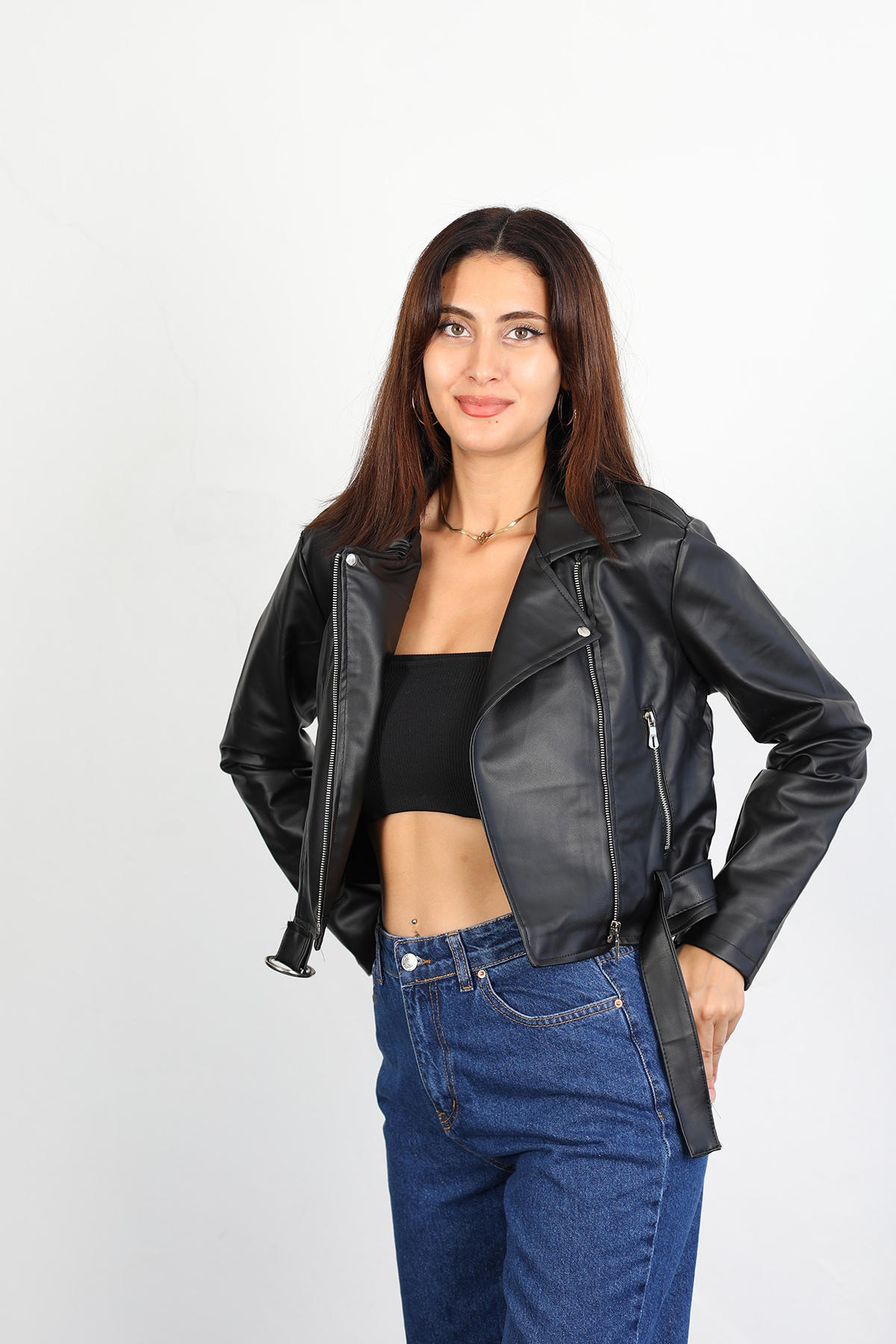 Berox - Kemerli Kadın Siyah Biker Crop Deri Ceket