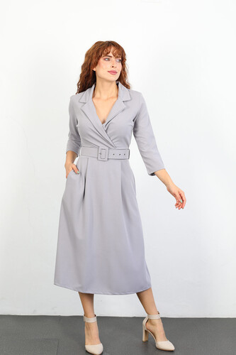 Berox - Kemerli Klasik Yaka Gri Kadın Elbise