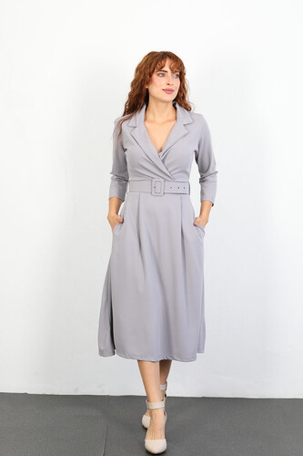 Berox - Kemerli Klasik Yaka Gri Kadın Elbise (1)