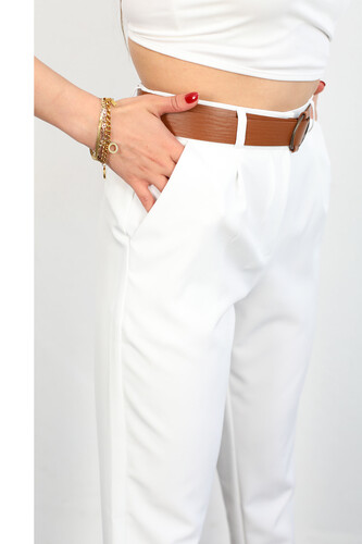 Kemerli Önü Pensli Beyaz Kadın Kumaş Pantolon - Thumbnail